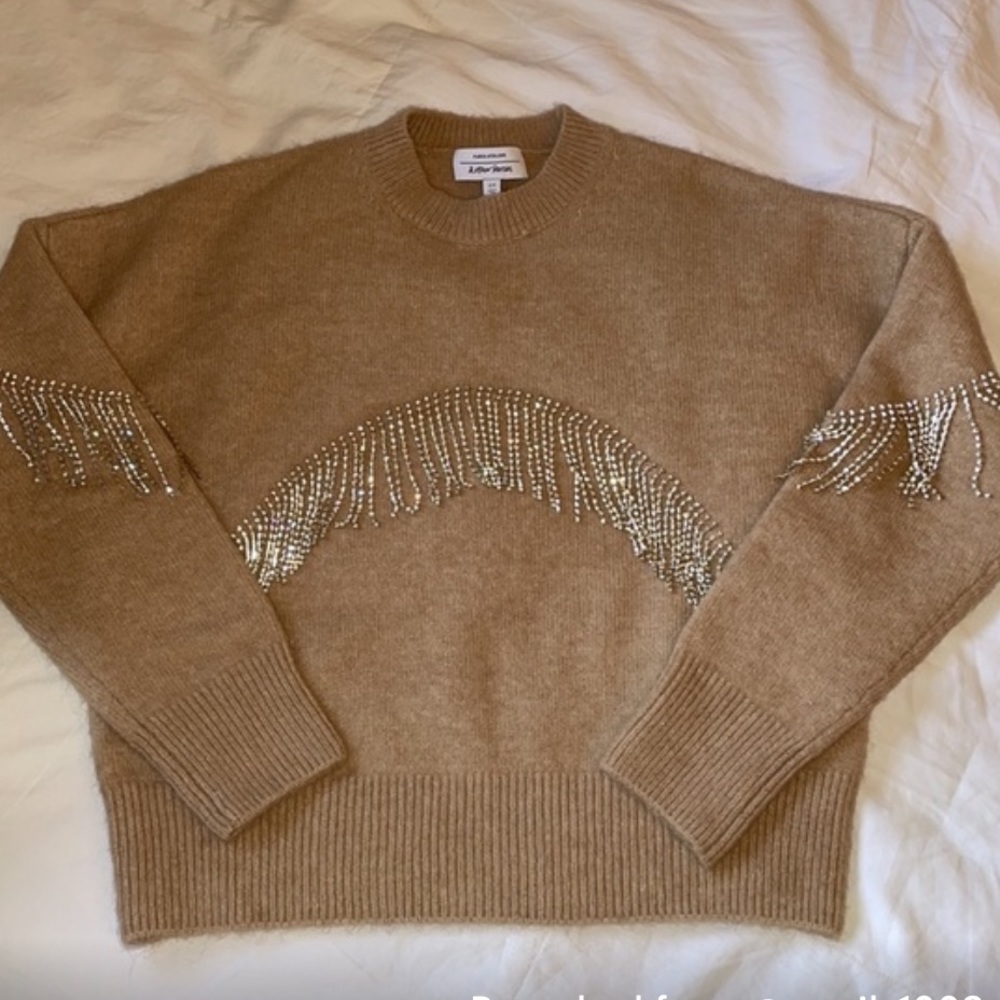 & Other Stories Tan Crystal Fringe Crewneck Sweater XS